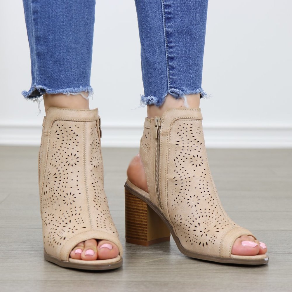 Taupe Peep Toe Heel Sandal Bootie Laser Cut Design - Picture 4 of 8